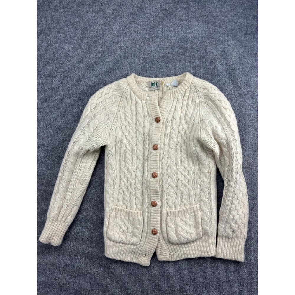 Vintage REI Sweater Womens 36 White Wool Cable Knit Cardigan Pockets 80s